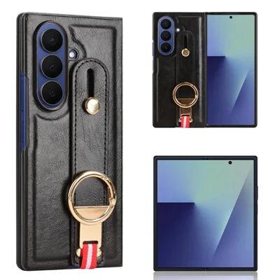 Til Samsung Galaxy Z Fold7 5G hylse med wristband, støtte og læder + PC + TPU telefonbeskyttelse med flaskeåbner - Sort