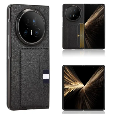 Voor Honor Magic V5 5G hoesje met kaarthouder Litchi-structuur Lederen + PC telefoonhoes - Zwart
