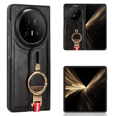 Voor Honor Magic V5 5G hoesje met polsbandje, standaard, lederen + PC + TPU telefoonhoes met flesopener - Zwart
