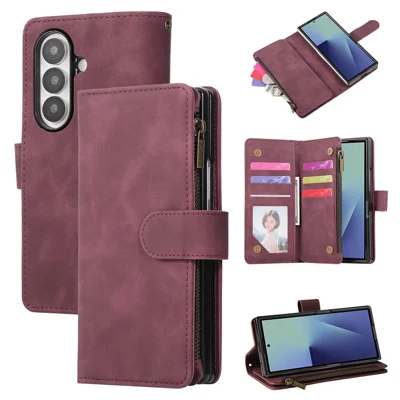 For Samsung Galaxy Z Fold7 5G Case Zipper Multi-Pocket Wallet Leather Phone Cover with Shoulder and Wrist Straps - Wine Red