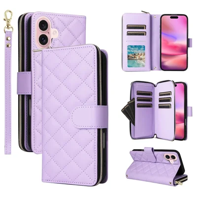 For iPhone 17 Case Zipper Wallet Rhombus PU Leather Crossbody Phone Cover - Purple