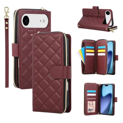 For iPhone Air Case Zipper Wallet Rhombus PU Leather Crossbody Phone Cover - Wine Red
