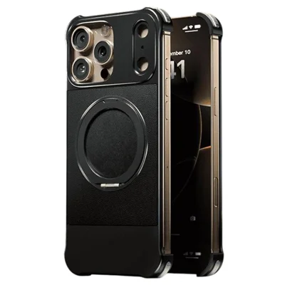 For iPhone 16 Pro Max Magnetic Case with Kickstand Borderless PU + Metal Drop Proof Phone Back Cover - Black
