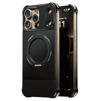 For iPhone 15 Pro Max Magnetic Case with Kickstand Borderless PU + Metal Drop Proof Phone Back Cover - Black