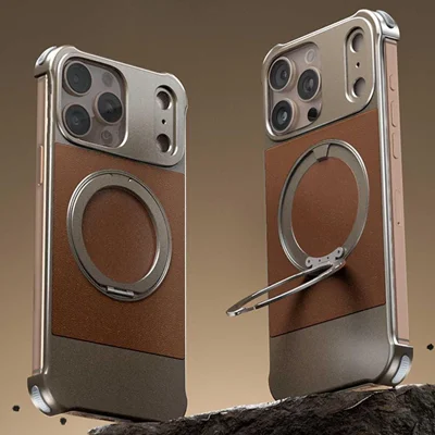 For iPhone 15 Pro Max Magnetic Case with Kickstand Borderless PU + Metal Drop Proof Phone Back Cover - Brown