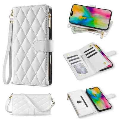 For iPhone 18 Pro Max / 17 Pro Max Case Rhombus Stitching Leather Wallet Phone Cover with Long  /  Short Strap - White