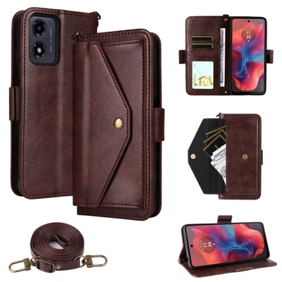 Leather Case For Motorola Moto G04s 4G  /  G04 4G  /  G24 4G  /  E14 4G Magnetic Closure Wallet Stand Phone Cover with Crossbody Strap - Brown