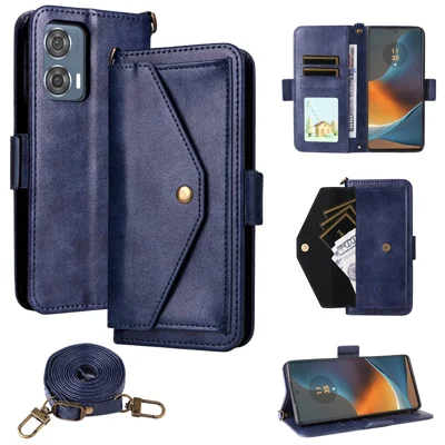 For Motorola Edge 50 Fusion 5G Leather Case Magnetic Closure Wallet Stand Phone Cover with Crossbody Strap - Blue