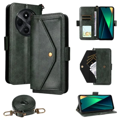 Leren hoesje voor Xiaomi Redmi A4 5G / 14C 4G / 14R 5G / Poco C75 4G met magnetische sluiting, portemonnee- en standaardhoes met crossbody-riem - Groen