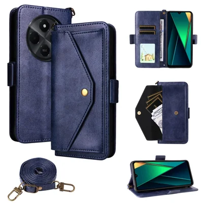 Leather Case For Xiaomi Redmi A4 5G  /  17C 4G / 14C 4G  /  14R 5G  /  Poco C75 4G Magnetic Closure Wallet Stand Phone Cover with Crossbody Strap - Blue