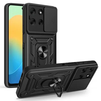 For Motorola Moto G56 5G Case with Slide Camera Lid PC + TPU Kickstand Phone Cover - Black