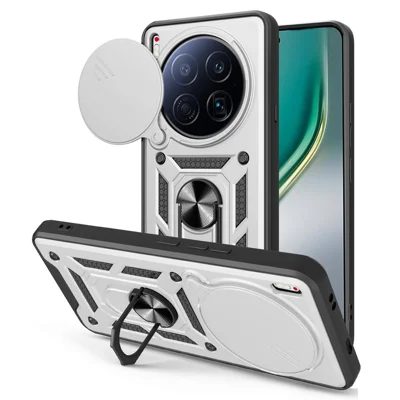 For TECNO Camon 40 Premier 5G Case with Slide Camera Lid PC + TPU Kickstand Phone Cover - Silver