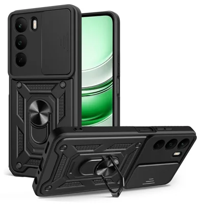 For Realme C71 4G Case with Slide Camera Lid PC + TPU Kickstand Phone Cover - Black