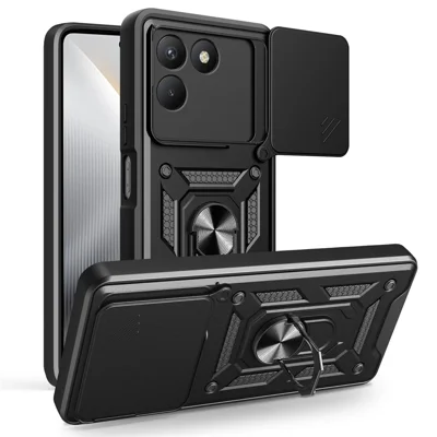 For TECNO Pova 7 4G Case with Slide Camera Lid PC + TPU Kickstand Phone Cover - Black
