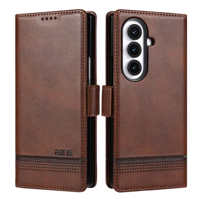 AZNS For Samsung Galaxy Z Fold7 5G Case Cowhide Texture PU Leather Wallet Phone Cover - Coffee