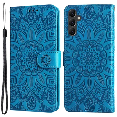 For Samsung Galaxy A14 5G / A14 4G Sunflower Imprinted PU Leather Wallet Case Foldable Stand Full Body Protection Cover with Hand Strap - Blue