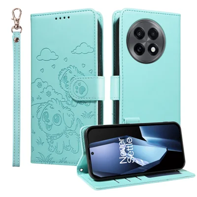 For OnePlus Ace 5 5G / OnePlus Ace 5 Pro 5G / OnePlus 13R 5G Case RFID Blocking Imprinted Dog Pattern PU Leather Phone Cover with Wrist Strap - Green