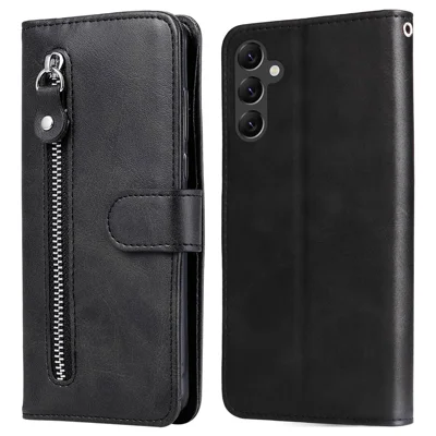 For Samsung Galaxy A14 5G / 4G Calf Texture Magnetic Clasp Wallet Phone Shell Zipper Pocket Stand PU Leather Case - Black