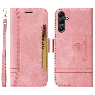 BETOPNICE 001 For Samsung Galaxy A14 5G / 4G  Full Protection Imprinted Line Stitching PU Leather Case Wallet Stand Cell Phone Cover - Pink