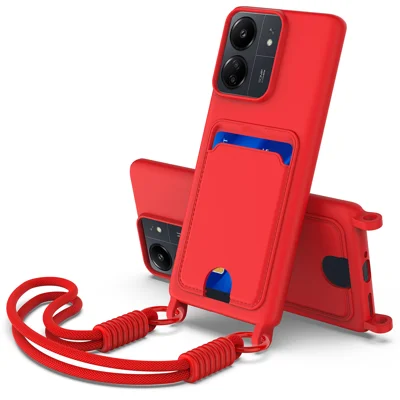 For Xiaomi Poco C65 4G / Xiaomi Redmi 13C 5G / Xiaomi Redmi 13R 5G / Xiaomi Poco M6 5G / Xiaomi Redmi 13C 4G Liquid Silicone Case  Phone Back Cover with Card Holder and Short Strap - Red