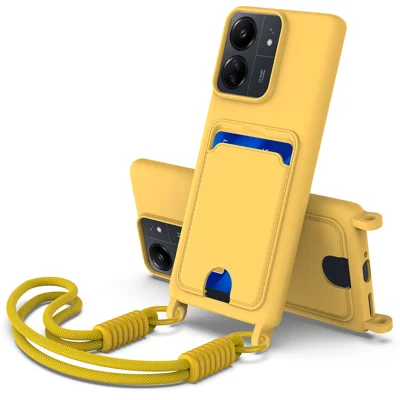 For Xiaomi Poco C65 4G / Xiaomi Redmi 13C 5G / Xiaomi Redmi 13R 5G / Xiaomi Poco M6 5G / Xiaomi Redmi 13C 4G Liquid Silicone Case  Phone Back Cover with Card Holder and Short Strap - Yellow