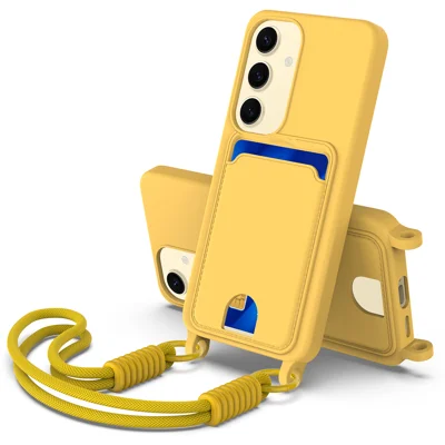 For Samsung Galaxy S24 Liquid Silicone Case  Phone Back Cover with Card Holder and Short Strap - Yellow