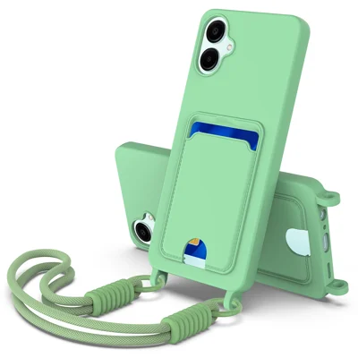 For Samsung Galaxy A06 5G Liquid Silicone Case  Phone Back Cover with Card Holder and Short Strap - Green