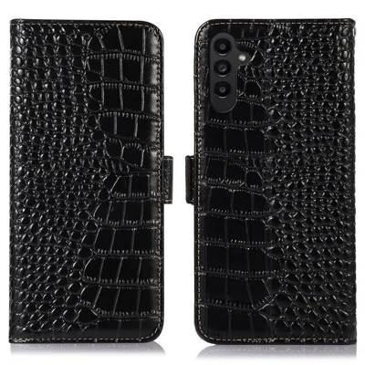 For Samsung Galaxy A14 5G / A14 4G Genuine Cowhide Leather Side Magnetic Clasp Phone Case Crocodile Texture RFID Blocking Stand Wallet Cover - Black