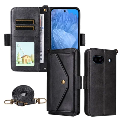 For Google Pixel 8a Leather Case Magnetic Closure Wallet Stand Phone Cover with Crossbody Strap - Black