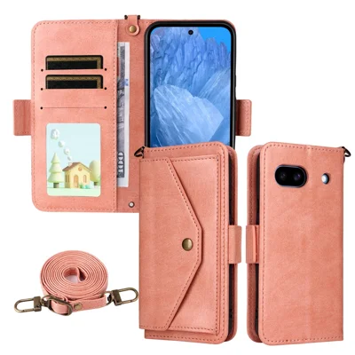 For Google Pixel 8a Leather Case Magnetic Closure Wallet Stand Phone Cover with Crossbody Strap - Pink