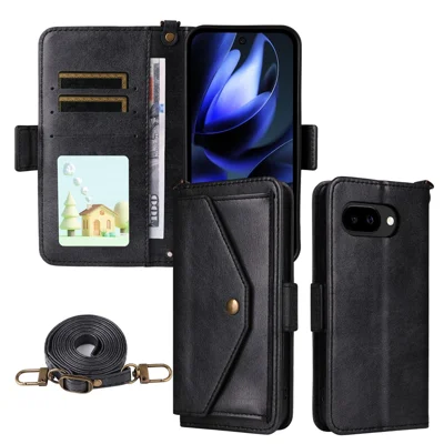 For Google Pixel 9a Leather Case Magnetic Closure Wallet Stand Phone Cover with Crossbody Strap - Black