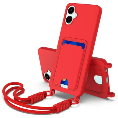 For Samsung Galaxy A06 4G Liquid Silicone Case  Phone Back Cover with Card Holder and Short Strap - Red