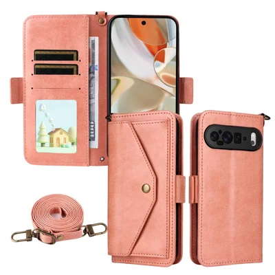 For Google Pixel 10 Pro XL  /  Pixel 9 Pro XL Leather Case Magnetic Closure Wallet Stand Phone Cover with Crossbody Strap - Pink