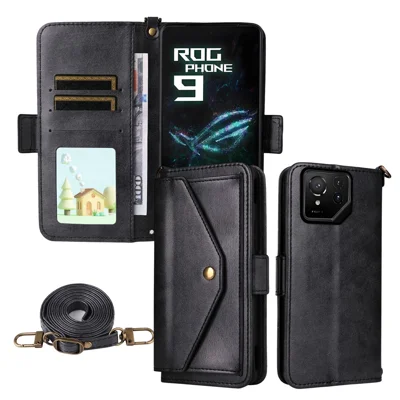 لـ هاتف Asus ROG Phone 9 5G / 9 Pro 5G غطاء جلد بخاصية الإغلاق المغناطيسي ومحفظة وحامل مع حزام كتف قابل للتعديل - أسود