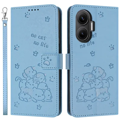 For Xiaomi Poco F7 5G / Redmi Turbo 4 Pro 5G Wallet Case Cats Imprint Leather Phone Cover with Strap - Blue