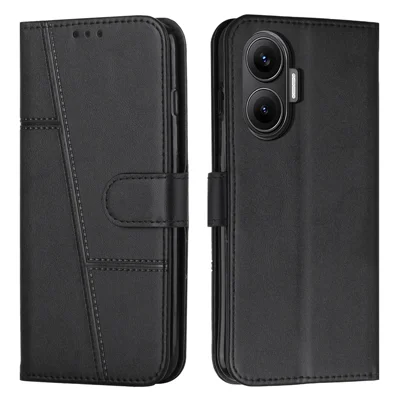 For Xiaomi Poco F7 5G  /  Redmi Turbo 4 Pro 5G Leather Phone Case Foldable Stand Wallet Flip Cover with Strap - Black