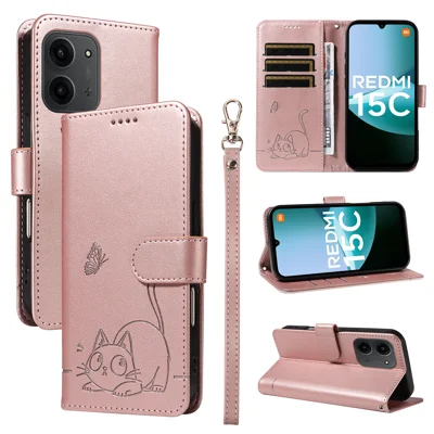 For Xiaomi Redmi 15C 5G (EU) (173mm) / 15C 4G (EU) (173mm) Case Cat Pattern Imprint Leather Phone Cover with Wrist Strap - Rose Gold