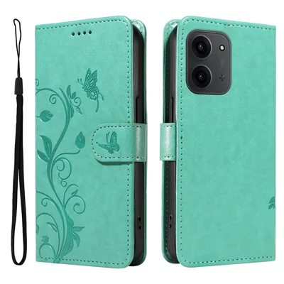 For Xiaomi Redmi 15C 5G (EU) (173mm) / 15C 4G (EU) (173mm) PU Leather Cases Flower Pattern Wallet Stand Phone Cover with Strap - Green