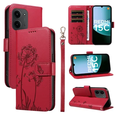 For Xiaomi Redmi 15C 4G (Global) (171mm) / Poco C85 4G (171mm) Leather Wallet Case with Strap Dandelion Imprint Phone Stand Cover - Red