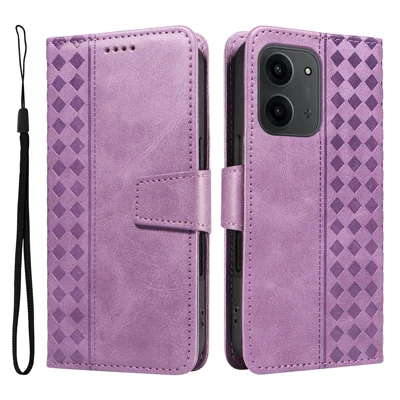For Xiaomi Redmi 15C 4G (Global) (171mm) / Poco C85 4G (171mm) Leather Case Wallet Stand Grids Imprinted Phone Cover with Strap - Light Purple