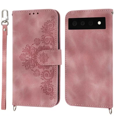 For Google Pixel 7 Pro 5G Imprinted Flowers PU Leather Stand Multiple Card Slots Case Skin-touch Phone Cover with Wrist Strap and Shoulder Strap - Pink
