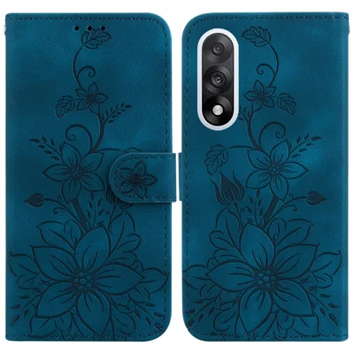 For OnePlus Nord 5 5G / Ace 5 Ultra 5G Stand Case Lily Flower Imprint Leather Phone Cover with Wrist Strap - Dark Blue
