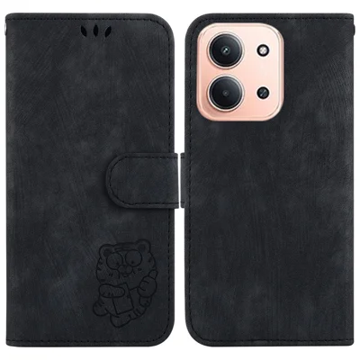 For Xiaomi Redmi 15C 5G (EU) (173mm) / 15C 4G (EU) (173mm) Wallet Case Tiger Imprint Leather Shockproof Phone Cover with Wrist Strap - Black