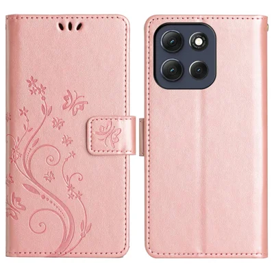 For Motorola Moto G56 5G Leather Wallet Case Butterfly Flower Imprint Phone Cover with Strap - Rose Gold