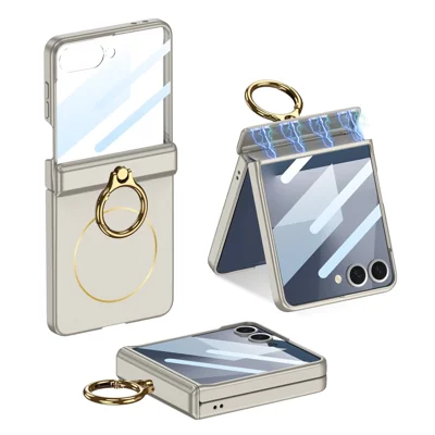 GKK til Samsung Galaxy Z Flip7 5G Magnetisk Task med Ringholder PC og Hærdet Glas Film Telefonbeskyttelse - Titan Grå