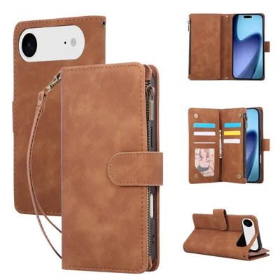 For iPhone Air Case Zipper Wallet Multiple Card Slots Leather Phone Cover with Wrist Strap - Brown
