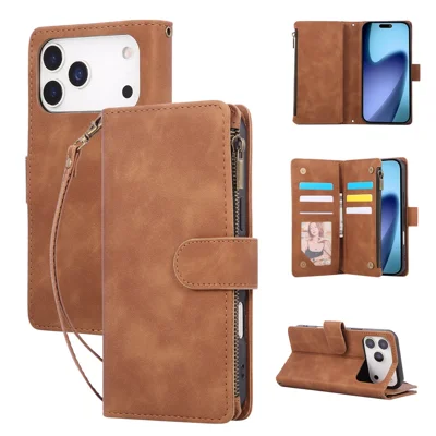 For iPhone 17 Pro Case Zipper Wallet Meerdere Kaartvakken Leren Telefoonhoes met Polsbandje - Bruin
