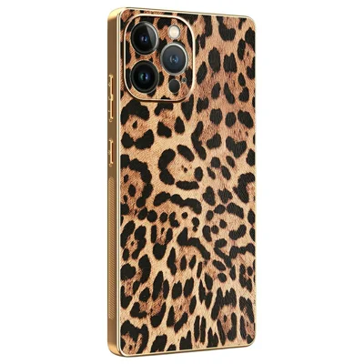 For iPhone 13 Pro Max Case Leopard Print PU Leather Coated PC + TPU Electroplating Phone Cover