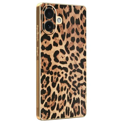 For iPhone 16 Plus Case Leopard Print PU Leather Coated PC + TPU Electroplating Phone Cover