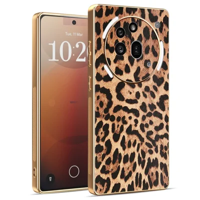 For Nothing Phone (3a) Pro Case Leopard Print PU Leather Coated PC + TPU Electroplating Phone Cover